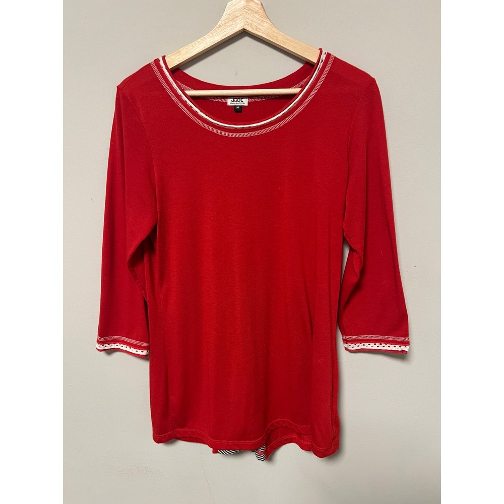Jude Top Womens M Red Pre-owned Eyelet Trim Striped Pleated Back 3/4 Sleeve